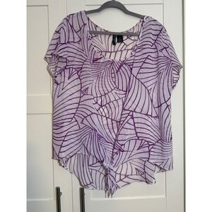 Bisou Bisou Purple Leaf Print Tie Front Top Blouse Sheer Flowy XL